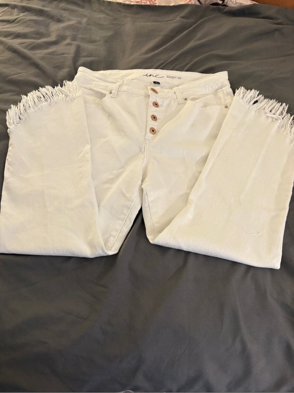 INC International Concepts White Straight-Leg Jeans with Rose Gold Hardware